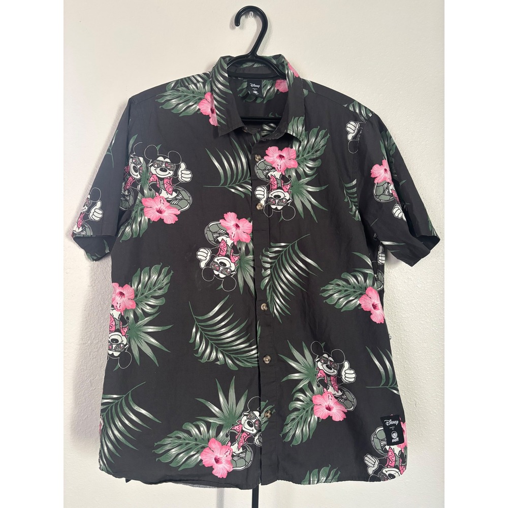 Disney Neff Mickey Mouse Tropical Hibiscus Floral Button Down Shirt Black Mens M